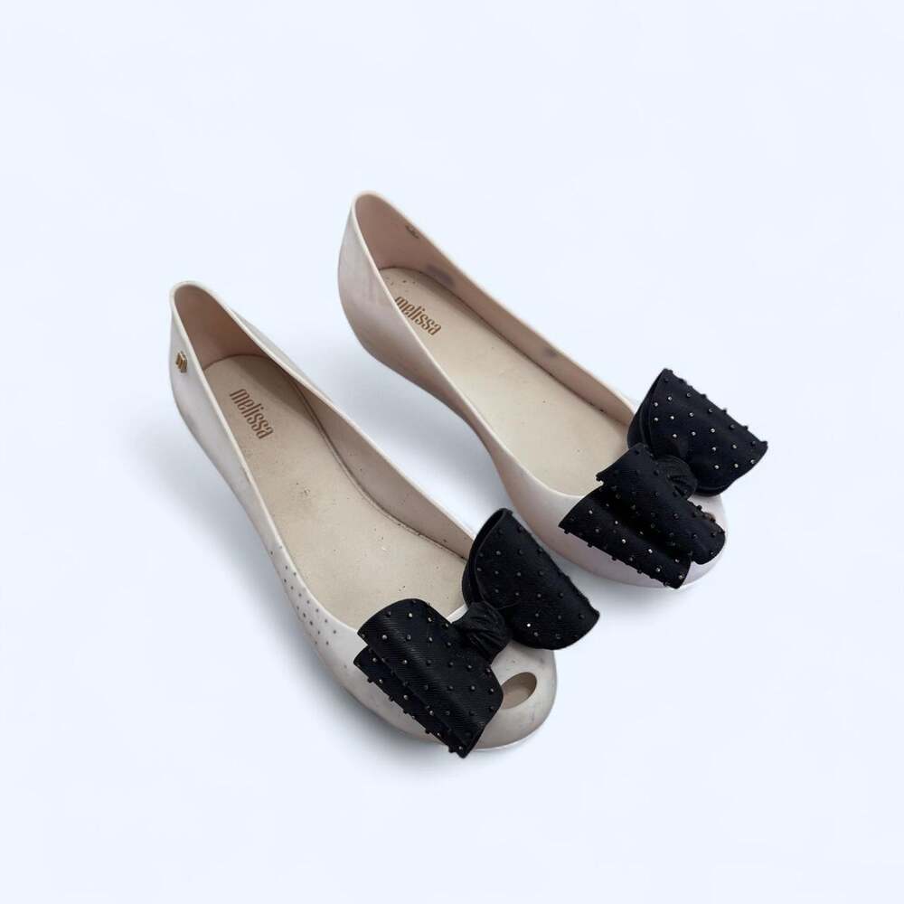 Melissa White Jelly Peep Toe Ballet Flats Black Bow Women’s US 7